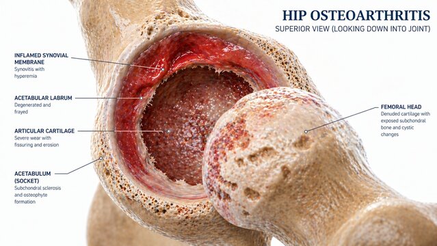 Detailed illustration of hip osteoarthritis showing inflamed synovial membrane degenerated acetabular labrum severe