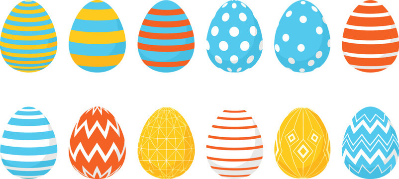 Colorful Easter egg pattern collection with stripes, dots and zigzag ornaments, decorative spring holiday vector set for festive designs, greeting cards, and seasonal backgrounds