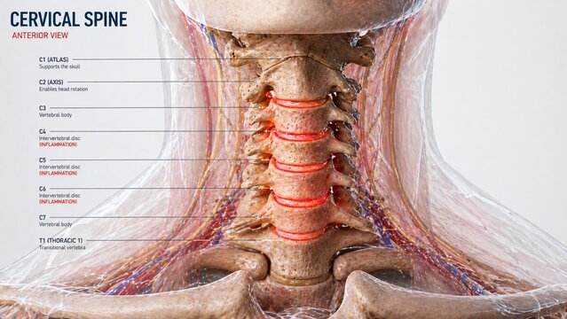 Anterior view of the human cervical spine showing vertebrae intervertebral discs and surrounding tissues with labels