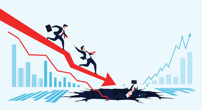Worried businessmen running down a sharp falling red arrow into a dark pit during a financial crisis or market crash.