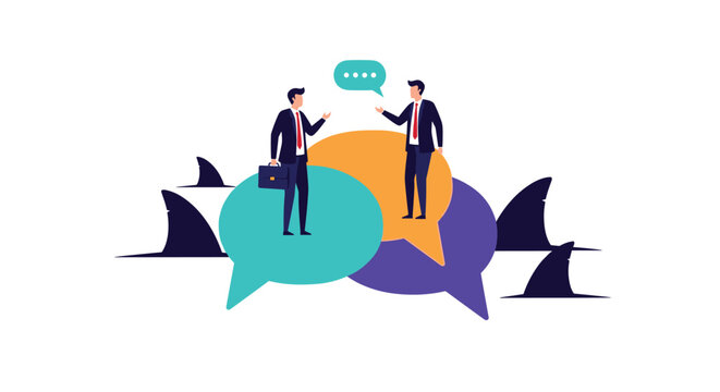 Two businessmen standing on speech bubbles while having a conversation in dangerous waters filled with shark fins.