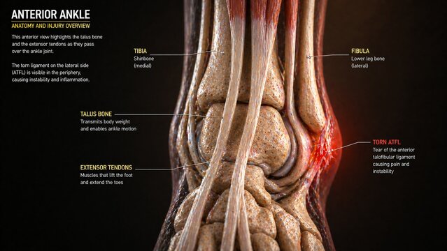 Detailed anterior view of human ankle anatomy showing tibia fibula talus bone extensor tendons and torn ATFL ligament