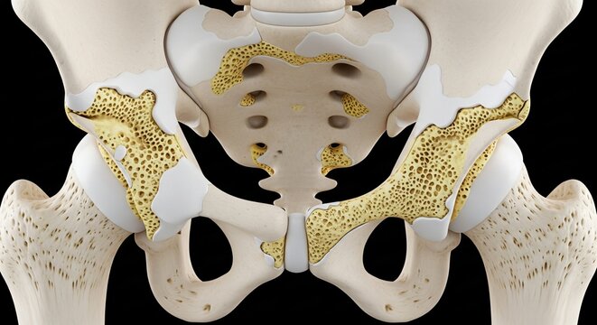 Close up of human pelvis and hip bones showing trabecular bone structure on a black background