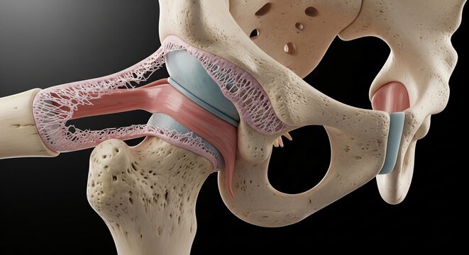Detailed anatomical illustration of the human hip joint capsule and ligaments