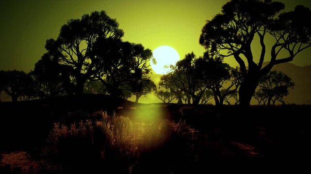 CGI Prehistoric Savanna Landscape at Sunset - Seamless Loop Animation