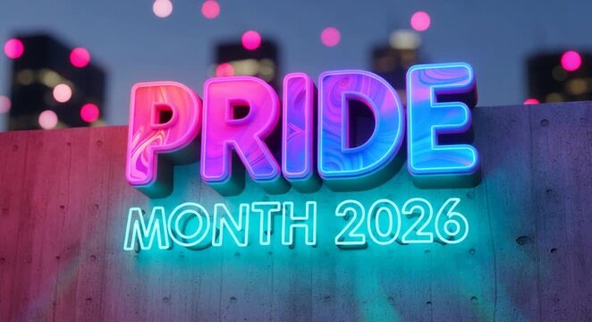 Neon sign spelling PRIDE MONTH 2026 against a city skyline backdrop, representing celebration, identity, progress, and inclusivity