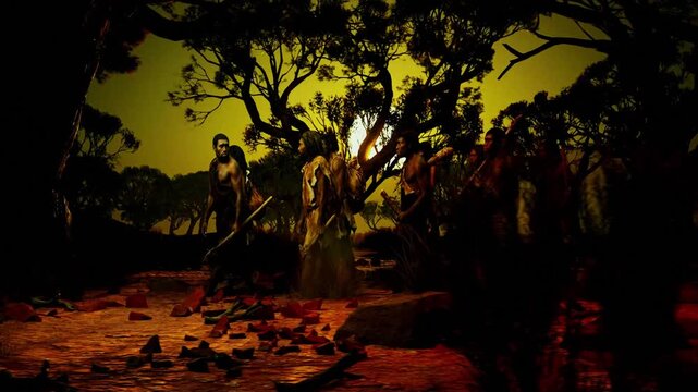Cinematic CGI Render: Early Bipedal Hominid Trekking Through Ancient Rainforest