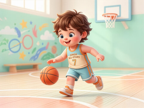 A cheerful child in a yellow and blue uniform dribbles a basketball on an indoor court, surrounded by bright playful decor, capturing an energetic and fun sports moment.