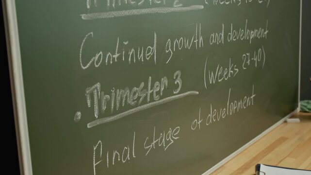 Tilt down close-up of hand written teachers notes on pregnancy facts on chalk board at high or middle comprehensive school during health education lesson, highlighting development and trimesters