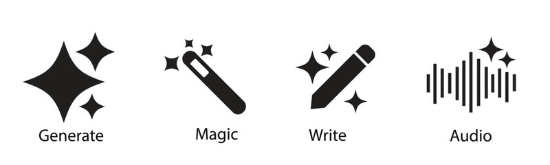 A set of black artificial intelligence icons for generate magic write and audio tools used in modern web interface and app designs © Gill