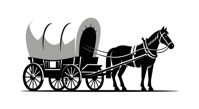 Horse Drawn Covered Wagon Silhouette - Vintage Travel and Pioneer Transportation