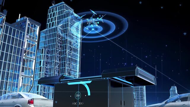 3D animation of future tech: holographic imaging, drone delivery, terrain mapping, urban scan, transport inspection, and data collection for digital mountain and city.