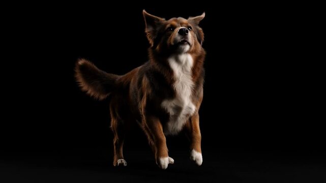 A brown and white dog dancing on a black background with happy expressions