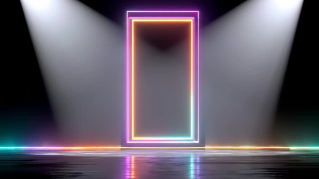 A luminous rectangular frame glows on a reflective surface, lit by spotlights