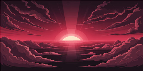 A pixelated sunrise bathes the sky in fiery hues, casting a warm glow over a calm ocean as clouds drift peacefully. A digital artwork scene of serenity and artistic expression. © alien