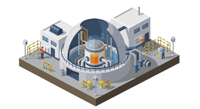 Isometric Nuclear Power Plant with Reactor and Engineers.