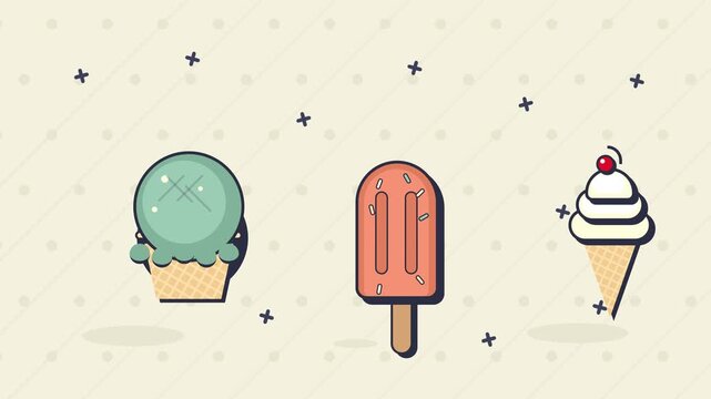 Set of minimalist vector ice cream icons featuring a mint scoop orange popsicle and soft serve cone with a red cherry on top