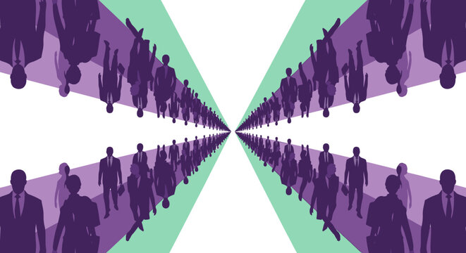 Infinite loop of business people walking towards a vanishing point, symbolizing career progression, corporate life, and endless opportunities