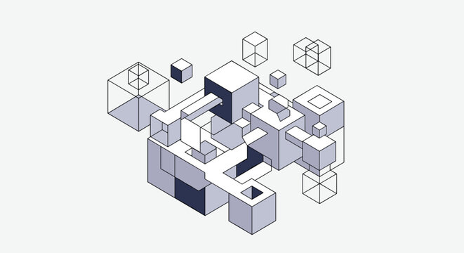 Abstract isometric architectural structure composed of interconnected grey and dark blue cubes and rectangular pathways.
