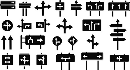 Directional road sign icon set featuring arrow navigation symbols intersection guidance and traffic direction boards vector collection © Mitu