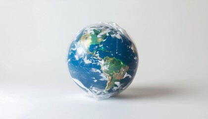 Fototapeta premium Floating inflatable Earth globe in clear plastic packaging, isolated on a clean white studio background, symbolizing global transport, shipping, protection, and international business concepts.
