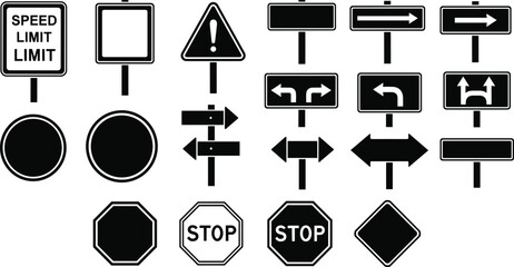 Road traffic sign icon set featuring speed limit stop warning direction arrows and navigation symbols vector collection © Mitu