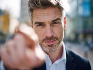 Obraz premium Middle-aged man with gray hair and beard wearing formal suit pointing directly at camera with a confident expression in an urban setting during daytime