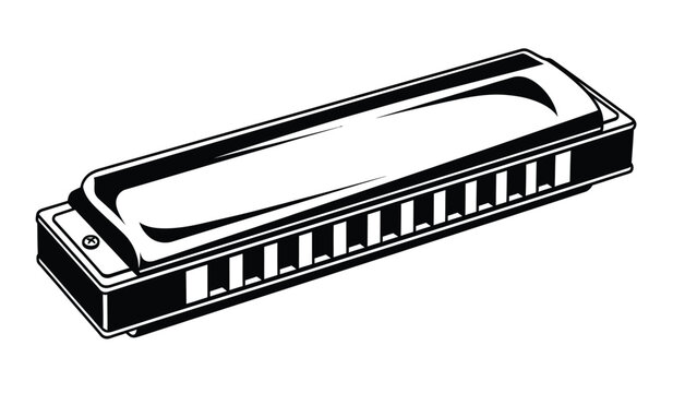A detailed illustration showcases a vintage harmonica with chrome accents and a sleek rectangular design presented as a silhouette high quality professional modern elegant