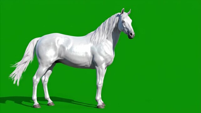 A beautiful white horse stands calmly on a green screen, ideal for chroma key removal. Perfect for video projects.