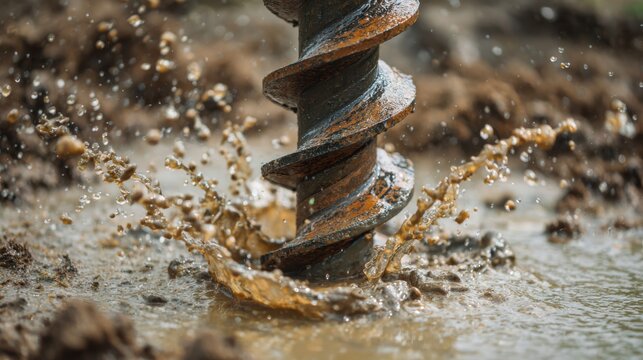 Industrial auger drill bit digging into wet soil with mud splashes