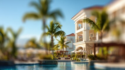 Obraz premium Cozy hotel poolside view with blurred lights and calm vacation vibe.