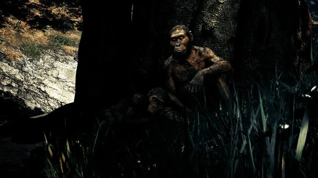Stunning CGI Artistic View: Australopithecus Evolution Journey in Dramatic Golden Hour