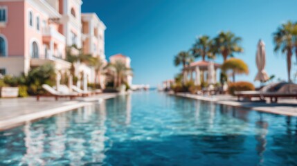 Obraz premium Cozy hotel poolside view with blurred lights and calm vacation vibe.