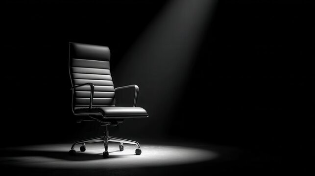 Modern executive office chair illuminated by a spotlight in darkness