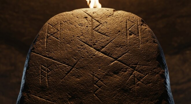 Ancient Weathered Basalt Monolith in Dark Cavern with Rune Like Scratches and Torchlight