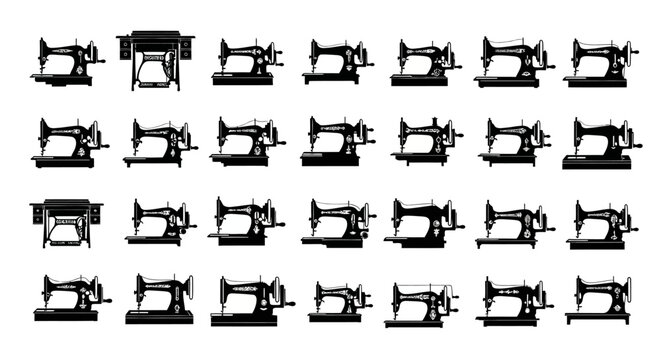 Collection of various sewing machines in black silhouette on white background for crafting and textile concepts
