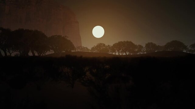 CGI Prehistoric African Horizon: Dramatic Moonrise Over Arid Savanna Plains