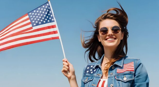 Young woman waving American flag with joy reflecting spirit of adventure and independent youth on national day.