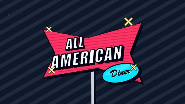 Retro 1950s Style All American Diner Neon Sign Illustration with Pop Art Elements and Vintage Comic Book Aesthetic