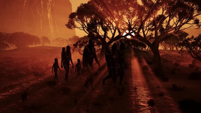CGI Human Evolution: Primitive Australopithecus Group with Early Tools in Ancient Wilds