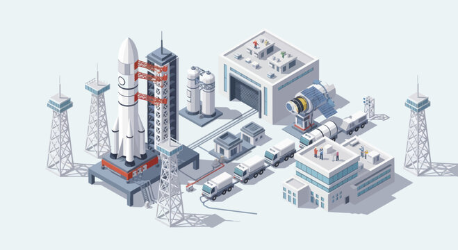 Isometric Space Launch Complex with Rocket and Support Buildings.