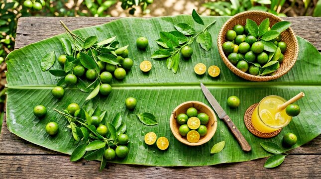 Fresh Kaffir Limes Arranged With Leaves and Rustic Drink on Outdoor Wooden Tray Natural Vibrant Product Photography