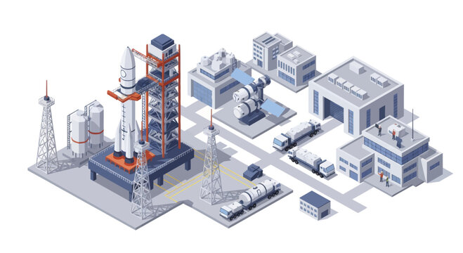 Isometric Space Launch Facility with Rocket and Support Buildings.