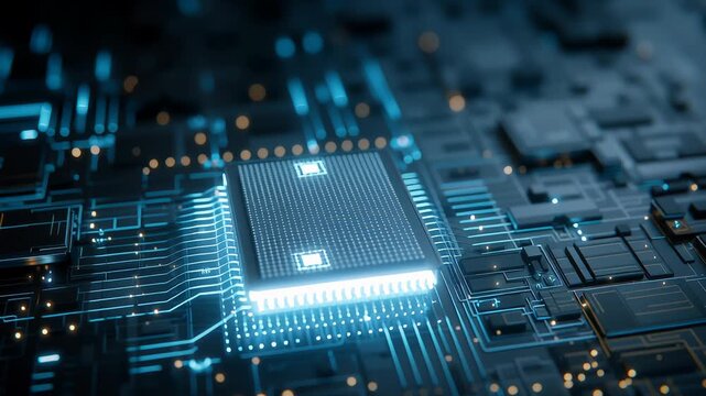 Glowing quantum chip circuit board with blue light and digital connections symbolizing advanced technology and AI neural networks futuristic concept