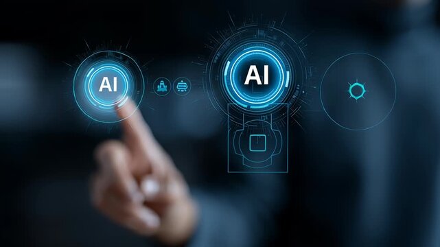 Artificial intelligence concept featuring human finger pressing glowing digital AI button futuristic blue technology interface with advanced digital
