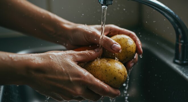 Washing fresh potatoes in kitchen sink, hands cleaning raw organic vegetables under running water, food preparation and hygiene concept