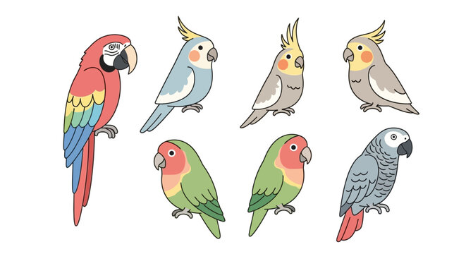 Colorful birds collection in cartoon style isolated on white background