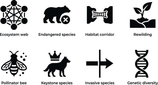 Ecology and wildlife conservation flat concept icon set on white background