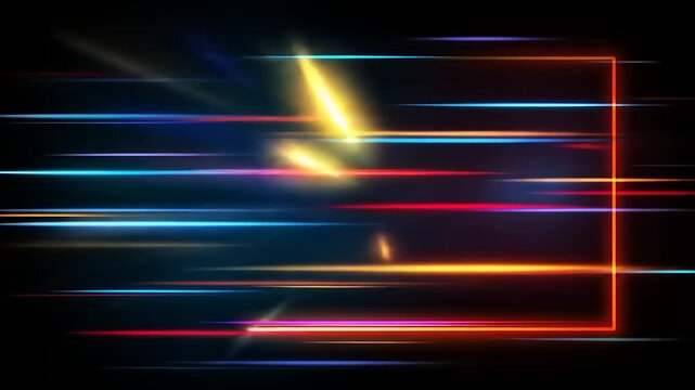 Abstract artwork features glowing, horizontal light streaks of various colors within a framed rectangle