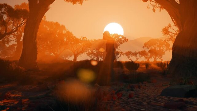 Witness the dawn of humanity as a lone bipedal ancestor takes their first steps across a sun-drenched, wild African plain in cinematic CGI